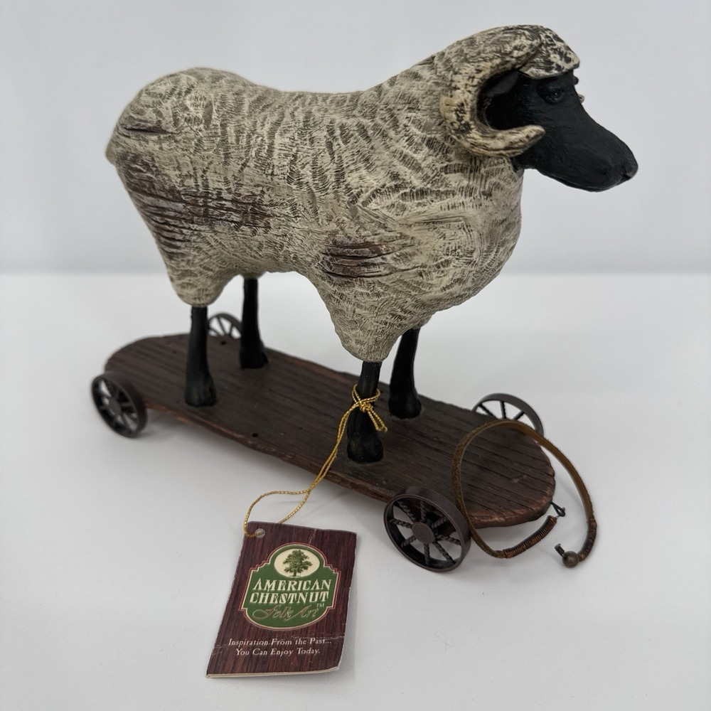 American Chestnut Folk Art Isaac AM1052 1998 Sheep On Wheels Ram Retired‎ NEW
